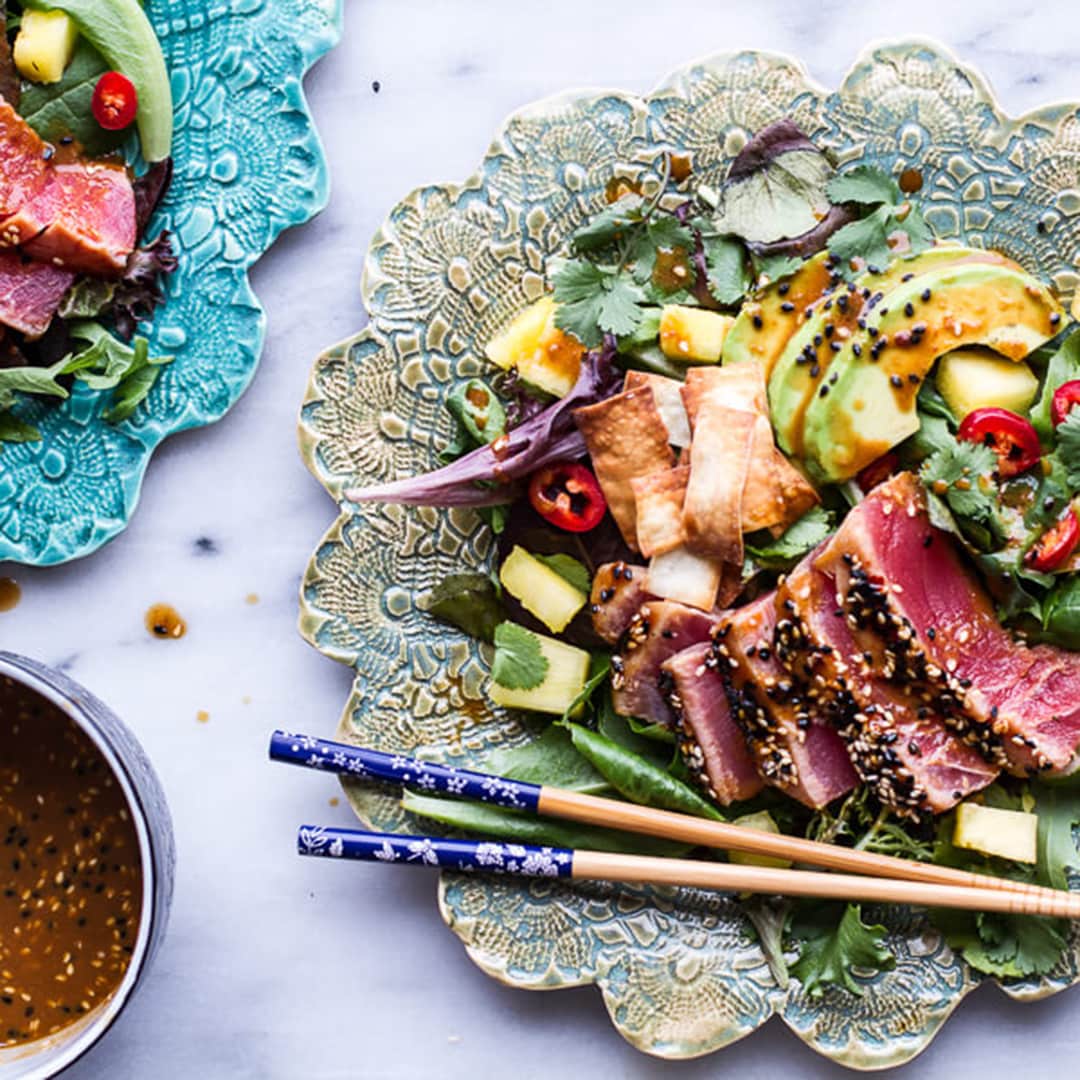 seared ahi tuna poke salad with hula ginger vinaigrette + wonton crisps