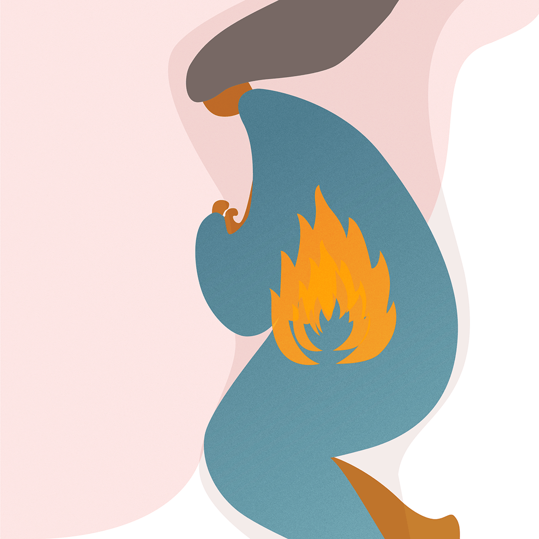 colourful cartoon of a woman lying down on her side with fire in her gut area
