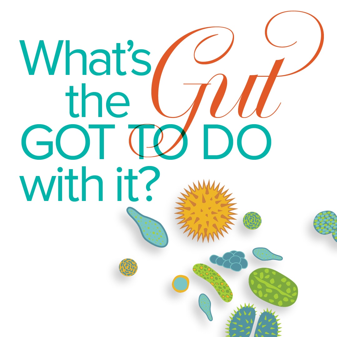 text in green and purple "whats the gut got to do with it?" and 12 animated drawings of gut bacteria 