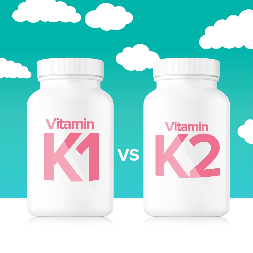 Cartoon drawing of 2 bottles with word "vs." in between them. The bottle on the left says "Vitamin K1" and the bottle on the right says "Vitamin K2"
