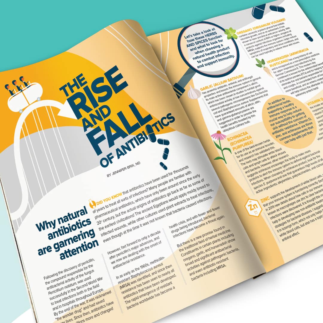 Blue background with open magazine showing the Women's Voice article The Rise and Fall of Antibiotics