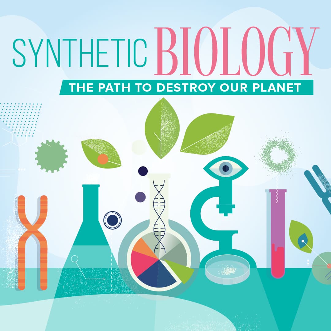 A drawing in pastel colours of leaves, plants and science equipment (test tubes and microscope) the title on top says" Synthetic Biology"