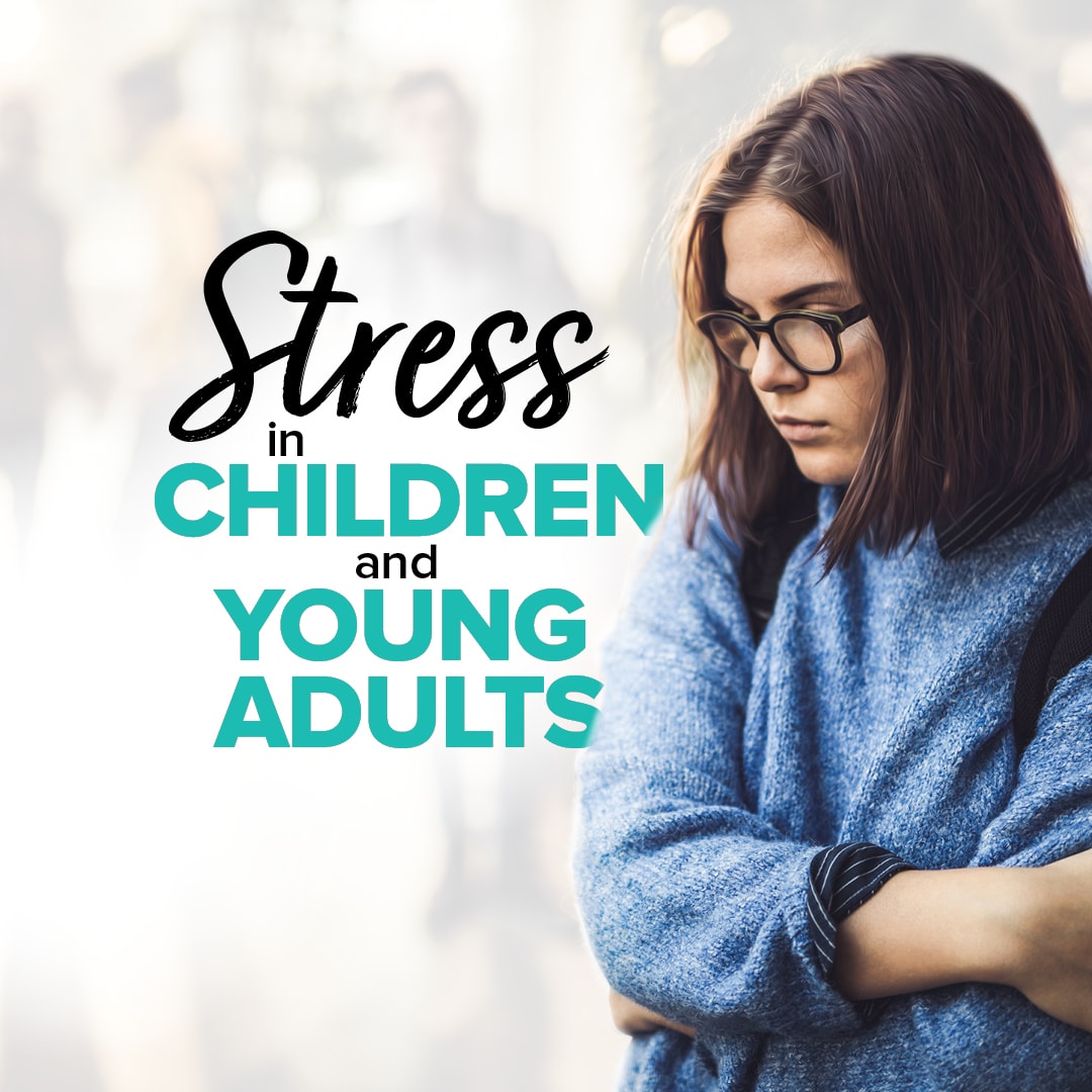 a 10 year old girl with a brown bob hair cut and glasses, looks forlorn, she's wrapped up in a cozy blanket. beside her image is the title of the article "Stress in Children and young adults