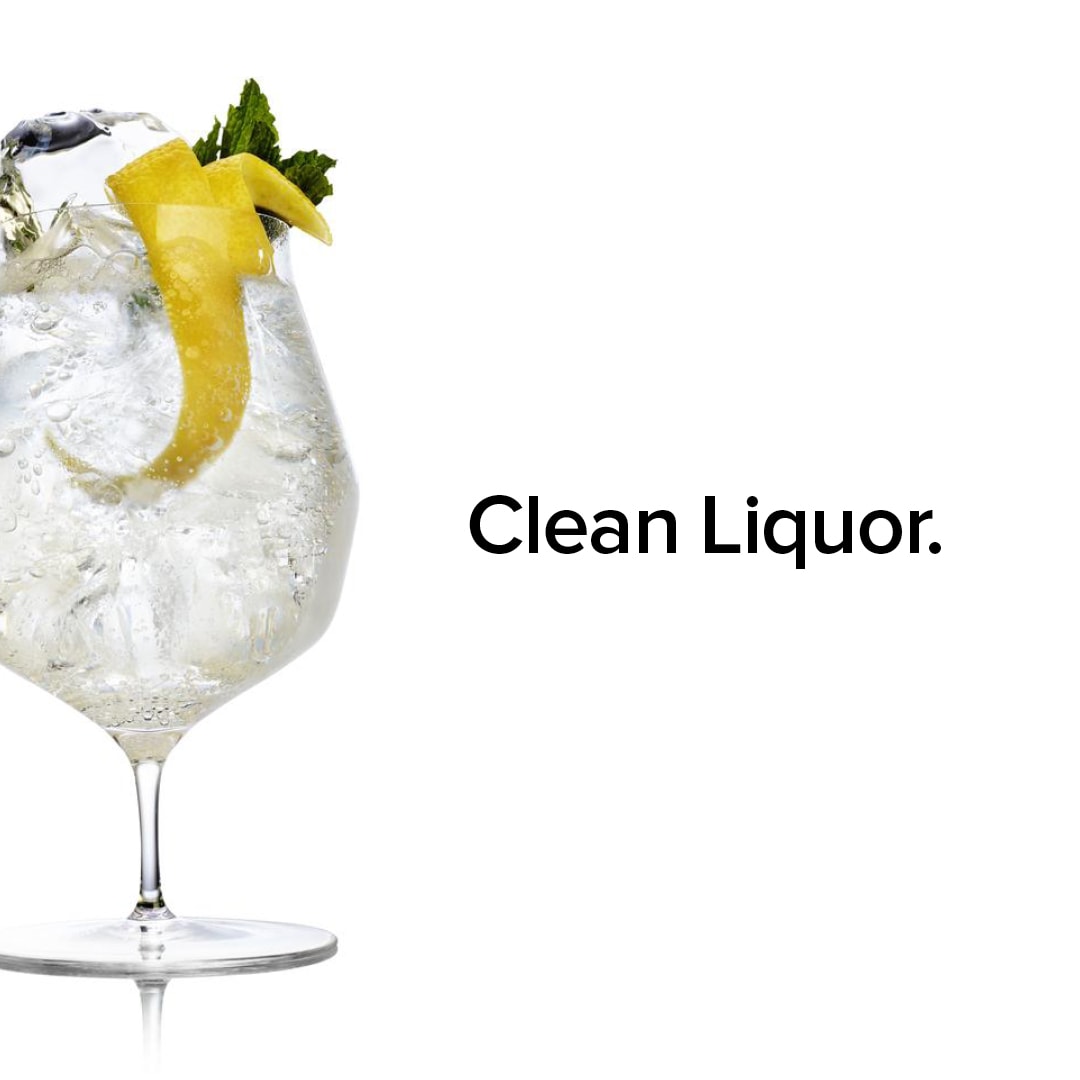 clear clean cocktail with ice and lemon garnish on the far left of a white image with the words "Clean Liquor."
