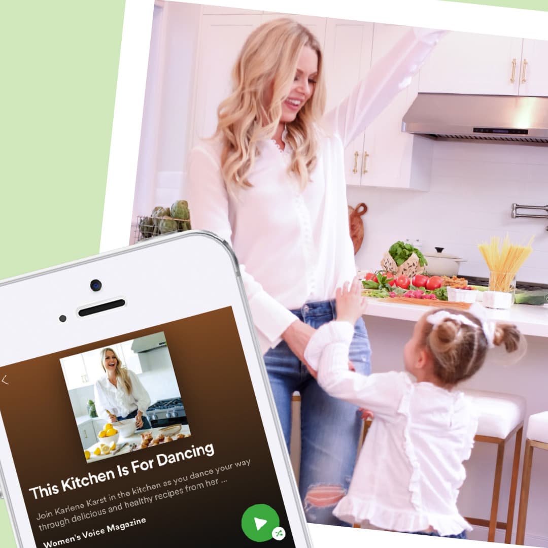 Picture of Karlene and her daughter in the kitchen lover laid with an image of a phone with Spotify's page of Karlene's book "This Kitchen is For Dancing" 