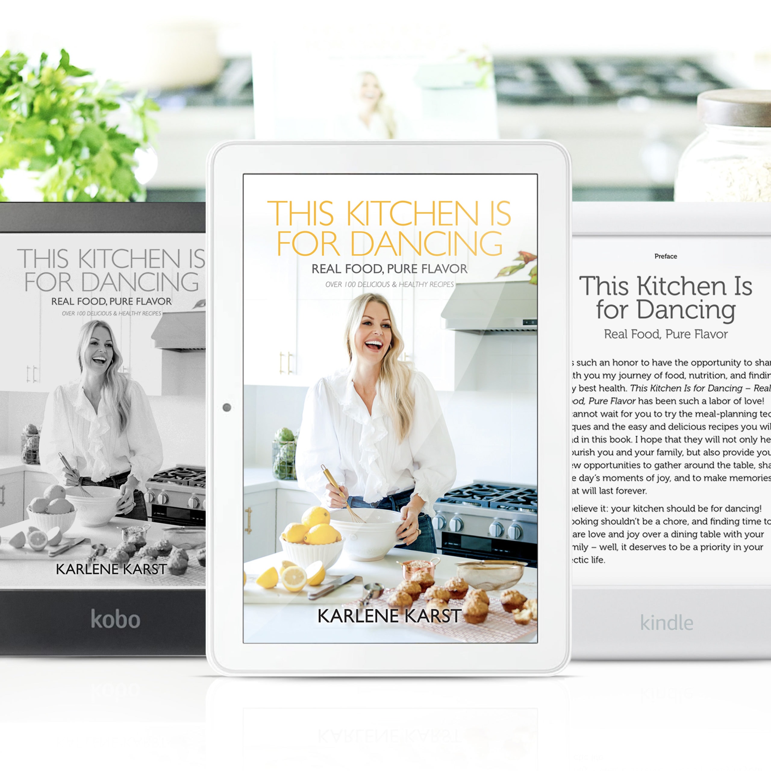 an Ipad showing the Kindle version of Karlene Karst's cook book titled" This Kitchen is for Dancing"