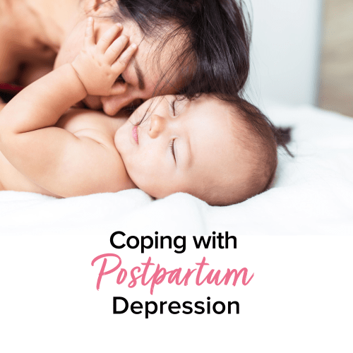 the heads of a mom and baby snuggling together. There is text below that reads "Coping with Postpartum Depression"