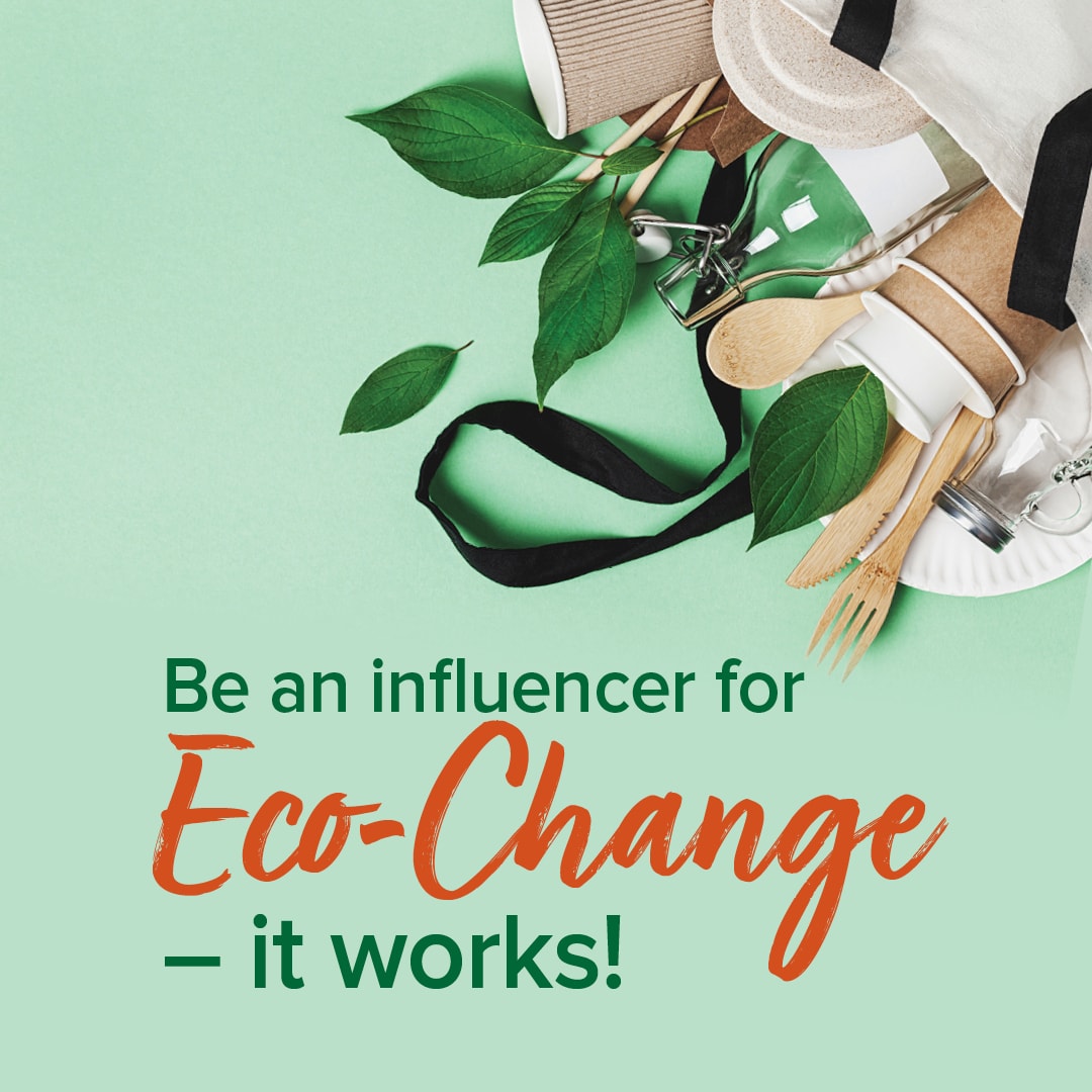 a canvas bag of eco-friendly products are spilling into the image. There is text that reads "Be an Influencer for Eco-Change - it works"
