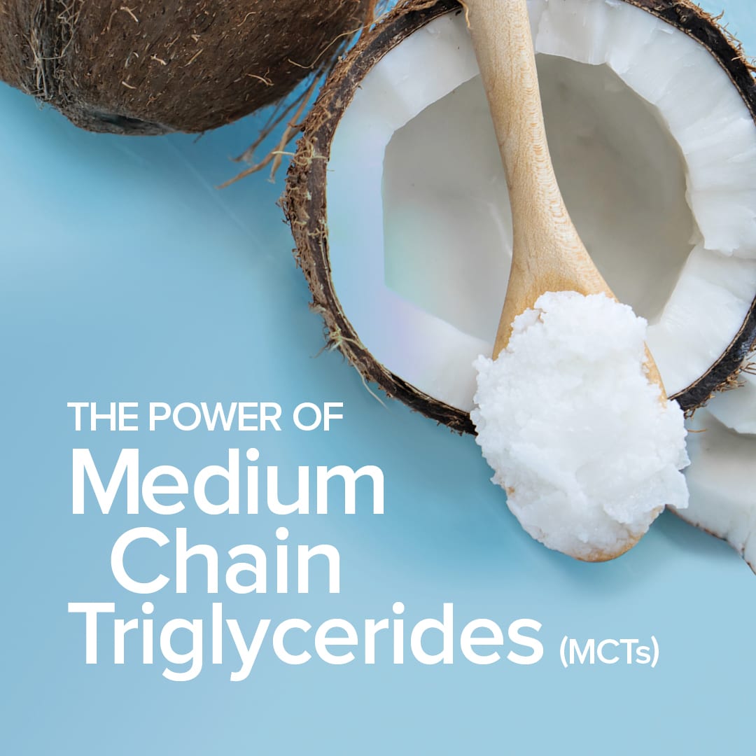 Looking downward on to an open coconut with wooden spoon holding coconut oil set across it. There is text beside that reads" the Power on Medium Chain Triglycerides (MCTs)"