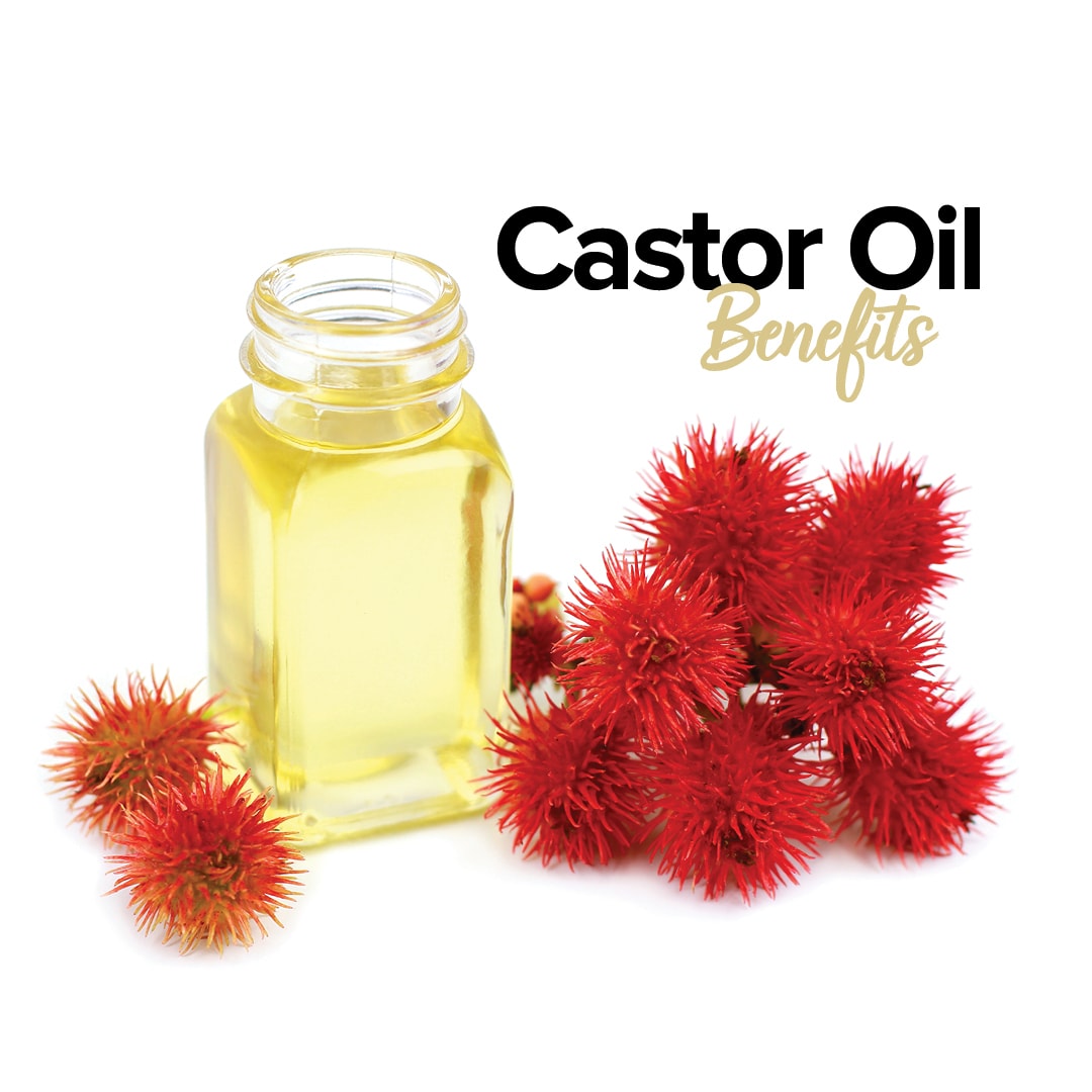 Light coloured oil in a bottle. Text beside that reads" Castor Oil Benefits"