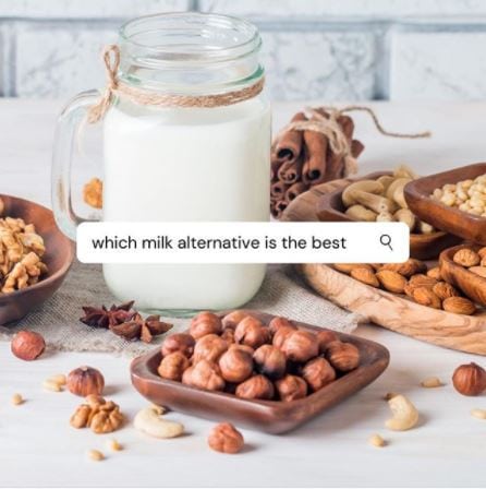 a jar of milk surrounded by different nuts and seeds. there is a text bar over the image that reads "which milk alternative is best?"