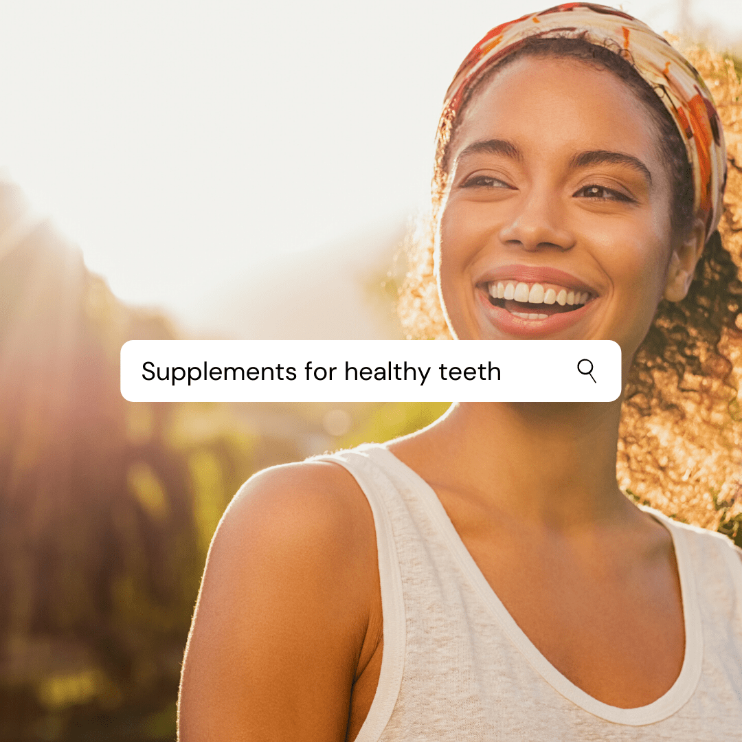 A beautiful young woman with a big smile. The sun is shining behind her. The image has a text bar over it that reads "supplements for healthy teeth"