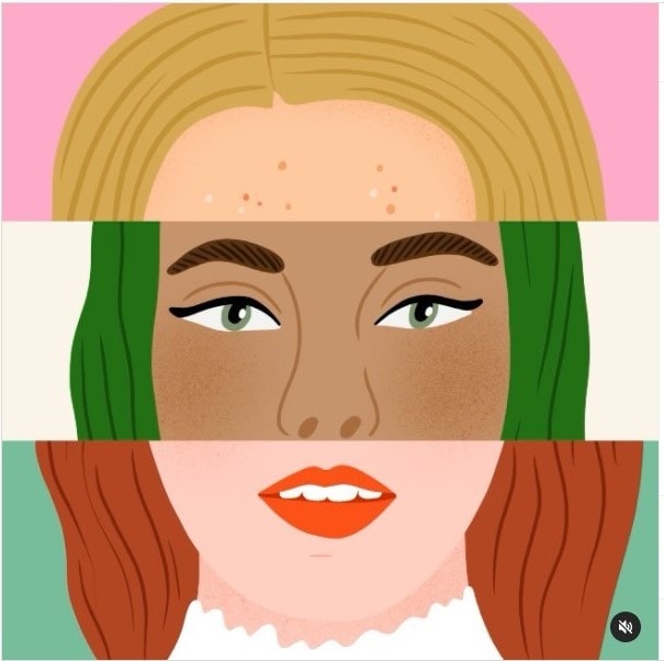 A drawing on a woman's face. It is cut horizontally into 3 sections and each section shows a woman from a different area of the world.