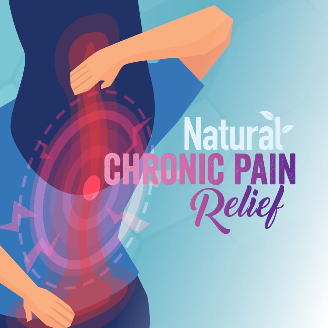 Text that reads "Natural Chronic Pain Relief" over a drawing of a woman's back and she reaching behind her neck and the base of her spine. There is a hot spot in the center of her back