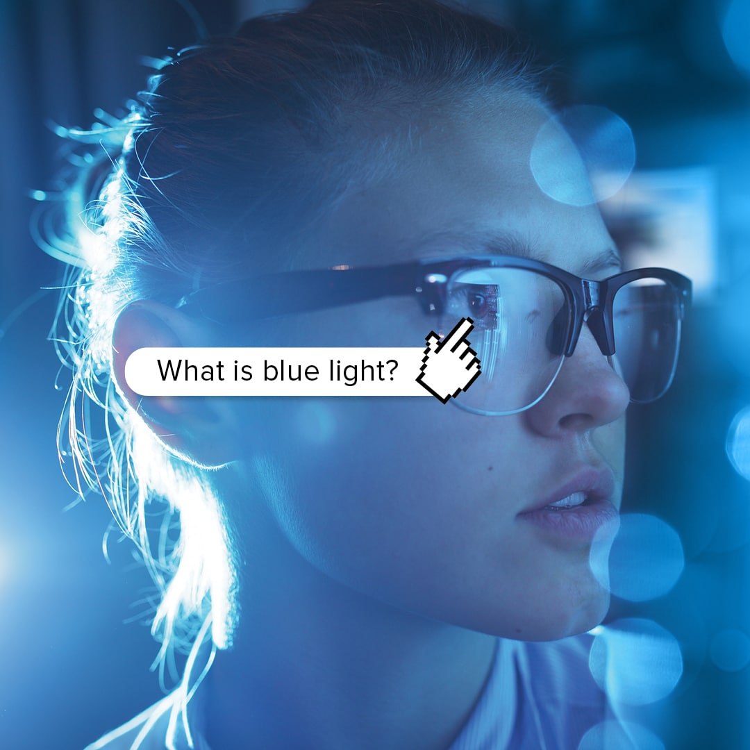A close up of the face of a girl wearing glasses. The image has a blue hue. There is a search bar printed over the image that reads "What is blue light?"