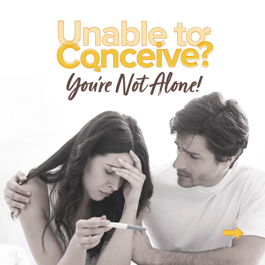 Text that reads "Unable to Conceive? You're Not Alone!" above a couple looking at a pregnancy test stick and they look tired or frustrated