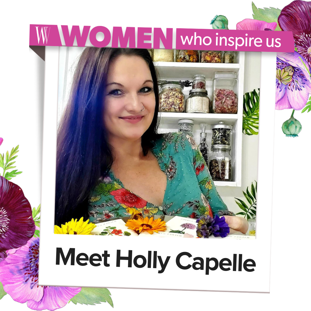 Text that reads "women Who Inspire Us" Over a photo of a mom with flowers