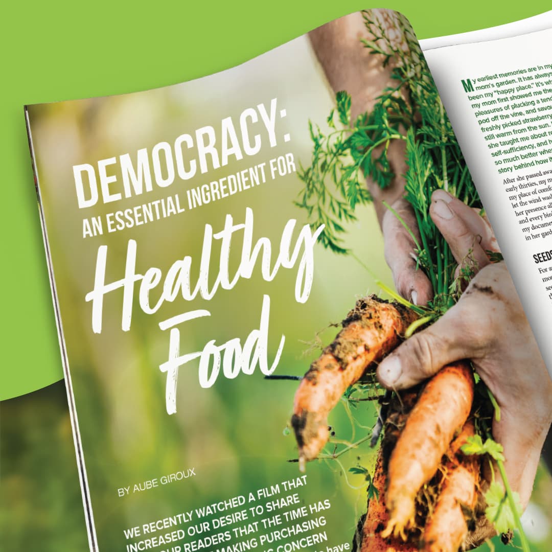 a magazine open to the title page of an article called "Democracy: An Essential Ingredient for Healthy Food" 