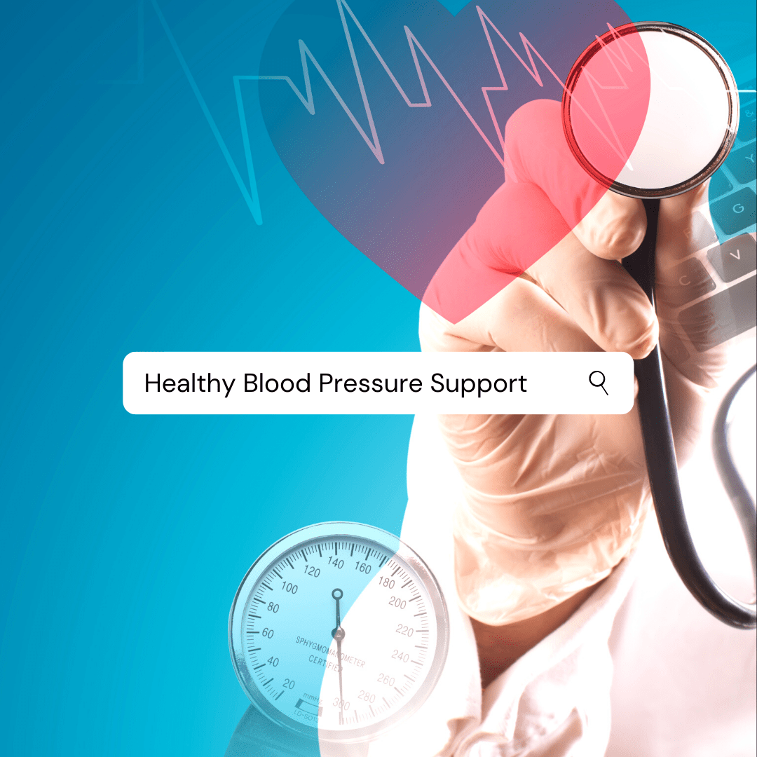 a stethoscope being held by a professional wearing a surgical glove. There is an image of a read heart over the photos and a search box with the text: Health Blood Pressure Support"