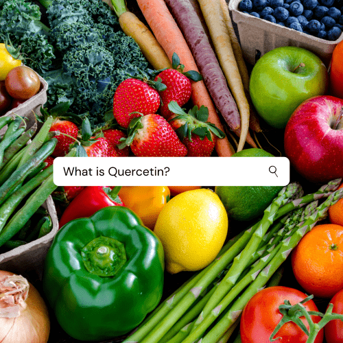 Fruits and vegetables all packed together - strawberries, carrots, peppers, kale, apples, tomatoes - over the image is a search bar that reads "What is Quercetin?"