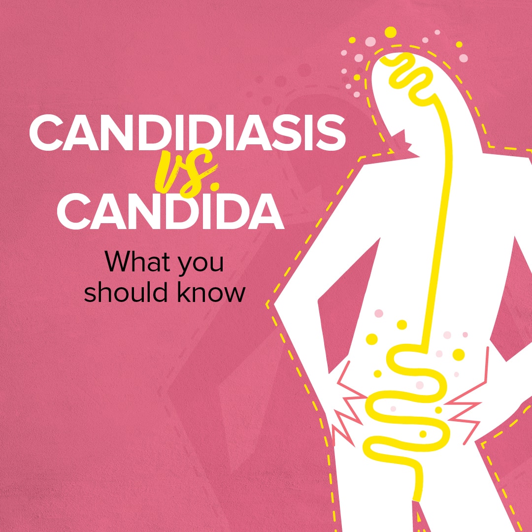 Drawing of the outline of a person with a tract running from the brain through the gut. There are bubbles around the head and also gut area. The text beside reads " Candidiasis vs. Candida What you Should know"